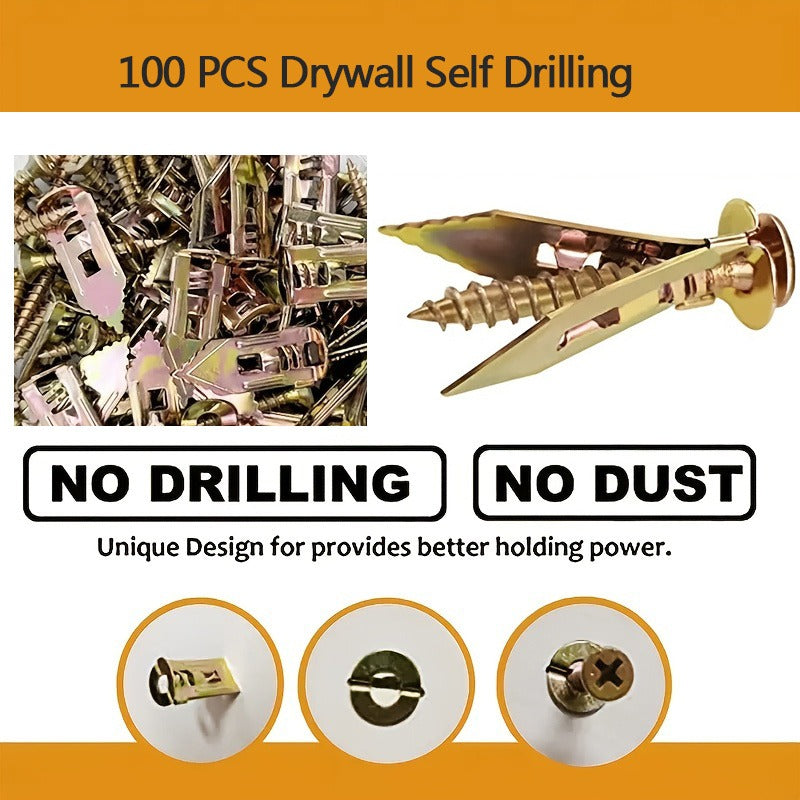 100pcs Heavy-Duty Drywall Anchors Kit - Industrial Hardware for Wall Mounting, Self-Drilling Screws and Hollow Anchors for TV, Bike, Cabinet Installation, Easy-to-Use and Reliable Fastening Solution