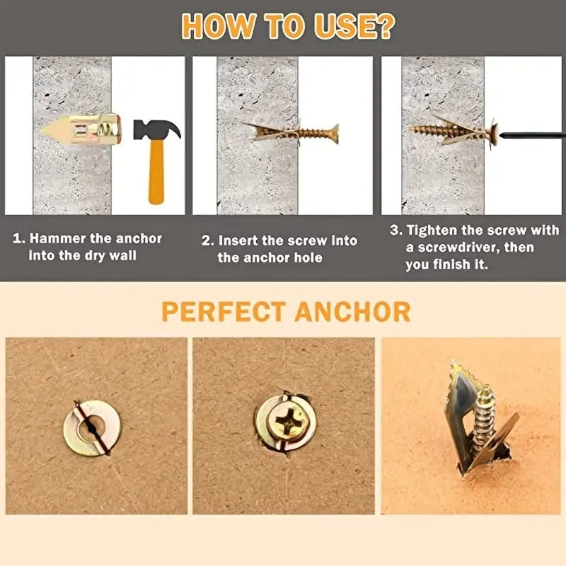 100pcs Heavy-Duty Drywall Anchors Kit - Industrial Hardware for Wall Mounting, Self-Drilling Screws and Hollow Anchors for TV, Bike, Cabinet Installation, Easy-to-Use and Reliable Fastening Solution