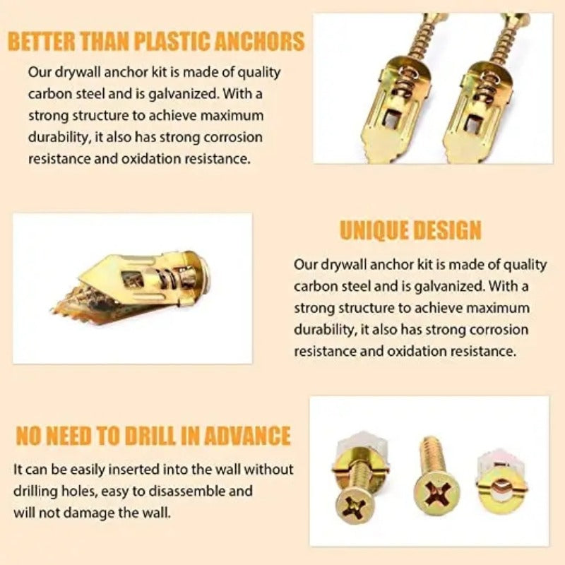 100pcs Heavy-Duty Drywall Anchors Kit - Industrial Hardware for Wall Mounting, Self-Drilling Screws and Hollow Anchors for TV, Bike, Cabinet Installation, Easy-to-Use and Reliable Fastening Solution