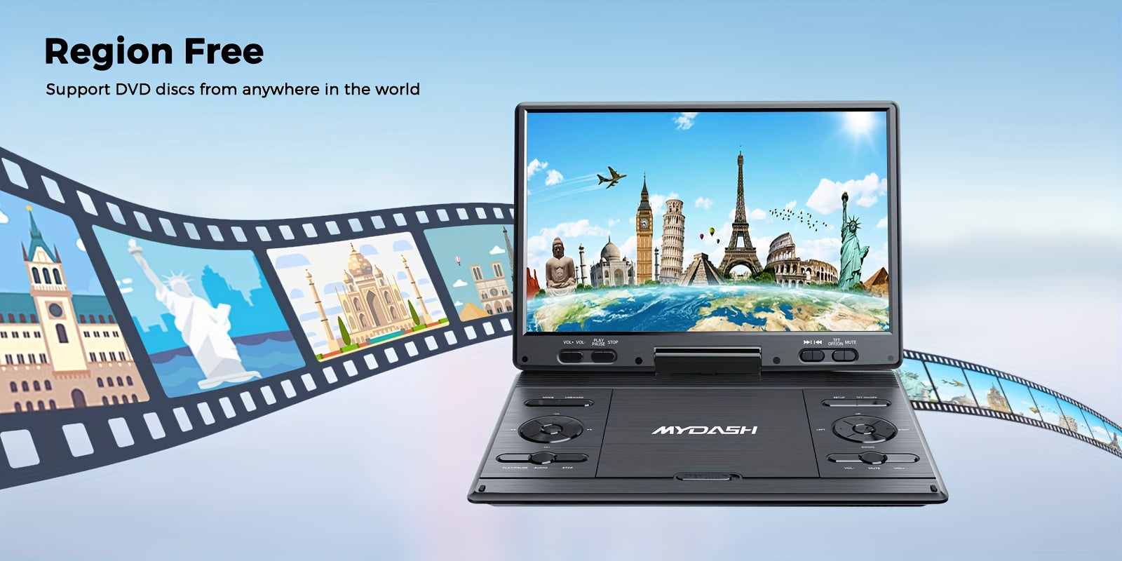 14.9" Large Portable DVD Player - Region Free, 12.5" HD Swivel Screen, Exclusive Button Design, Car Headrest Mount, High Volume Speaker, Supports CD/DVD/SD Card/USB, Black