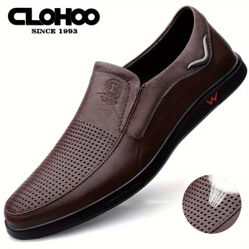 CLOHOO Men's Slip-On/Slip-Resistant Genuine Leather-like (Split Cowhide) Shoes - All-Season Casual &amp; Dressy -like Sneakers with PU, Non-Skid Rubber Sole, Black/Brown for Business, Vacation, Casual Attire (No Laces)