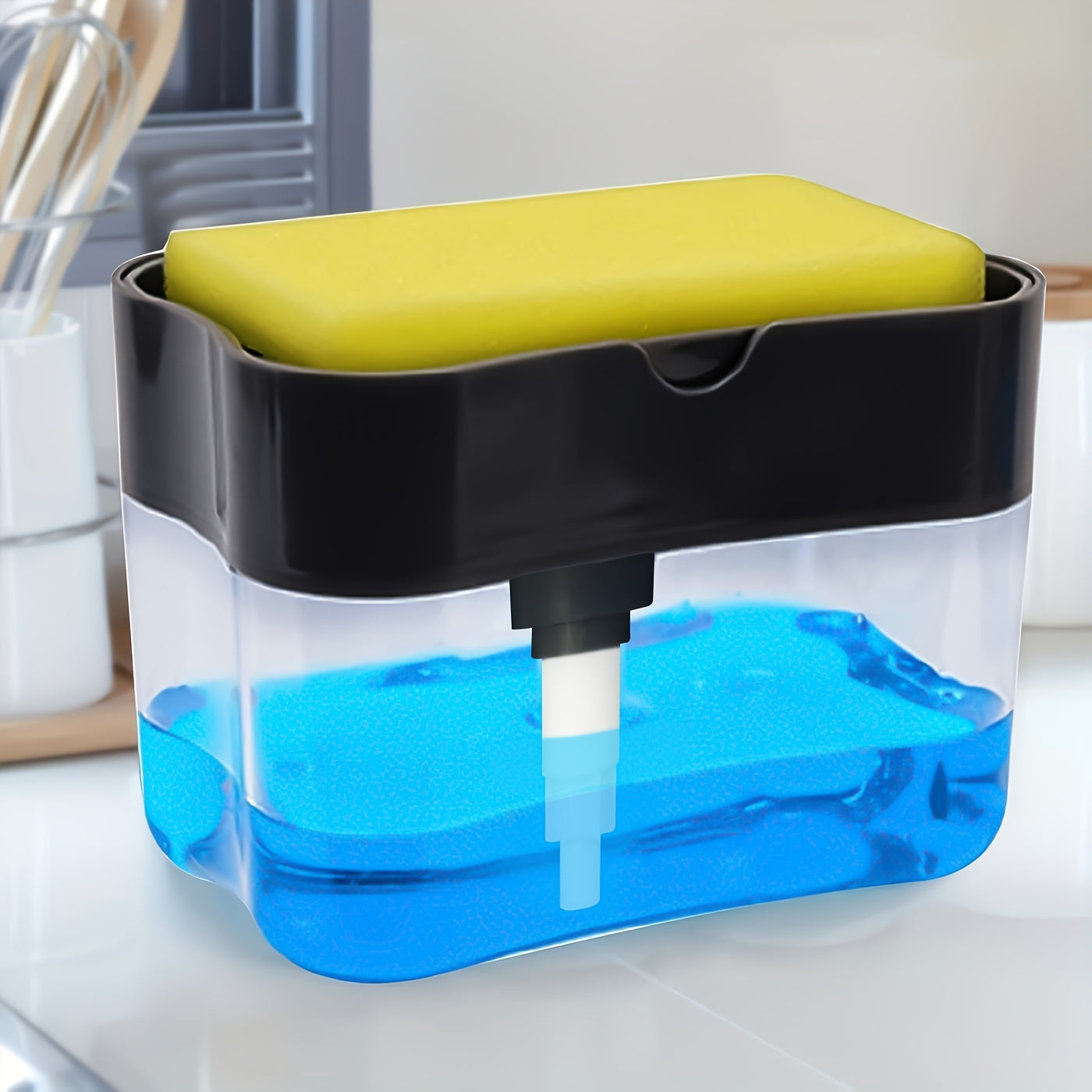 1pc Modern ABS Plastic Dish Soap Dispenser with Sponge Holder, Hand Wash Only, Lightweight Square Kitchen Sink Accessory, Space-Themed Solid Color Design