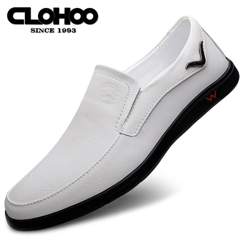 CLOHOO Men's Slip-On/Slip-Resistant Genuine Leather-like (Split Cowhide) Shoes - All-Season Casual &amp; Dressy -like Sneakers with PU, Non-Skid Rubber Sole, Black/Brown for Business, Vacation, Casual Attire (No Laces)