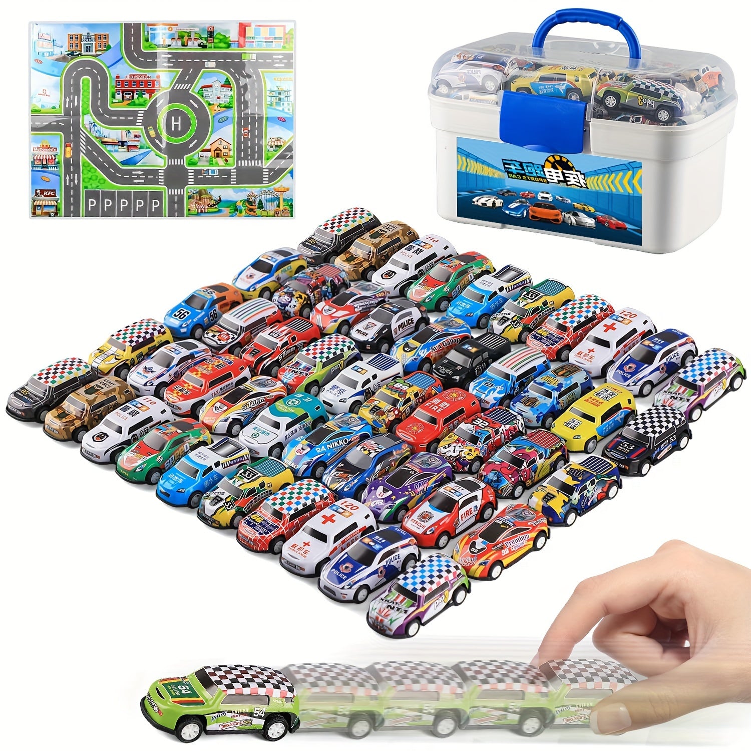 50PCS Pull Back Cars, Toys for 3 Year Old Boys Girls, Push and Go Toy Race Car Vehicle with Storage Box, Friction Power Diecast Kids Toy Mini Cars, Halloween Christmas Gifts