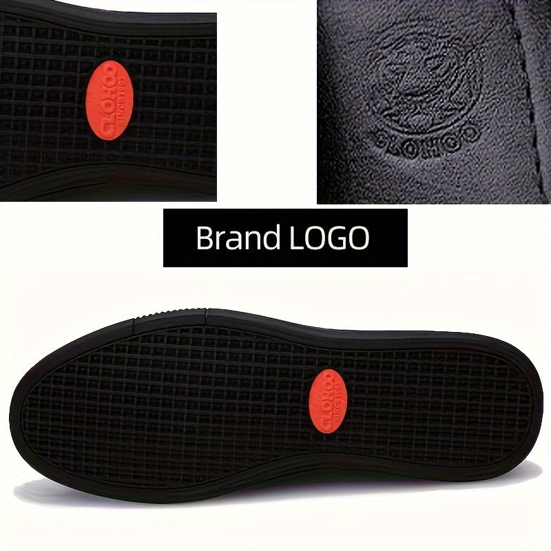 CLOHOO Men's Slip-On/Slip-Resistant Genuine Leather-like (Split Cowhide) Shoes - All-Season Casual &amp; Dressy -like Sneakers with PU, Non-Skid Rubber Sole, Black/Brown for Business, Vacation, Casual Attire (No Laces)