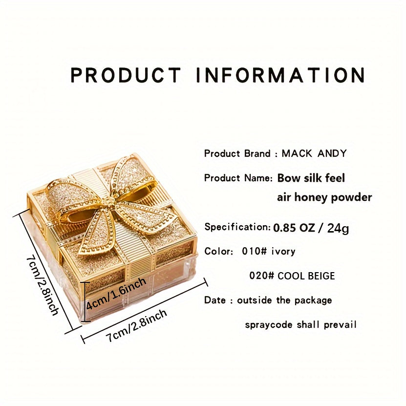 Elegant Bowknot Air Powder - Lightweight, Long-Lasting Oil Control &amp; Waterproof Setting Powder for All Skin Tones, Ivory White &amp; Cool Beige, Matte Finish with Glittery Golden Bow Design
