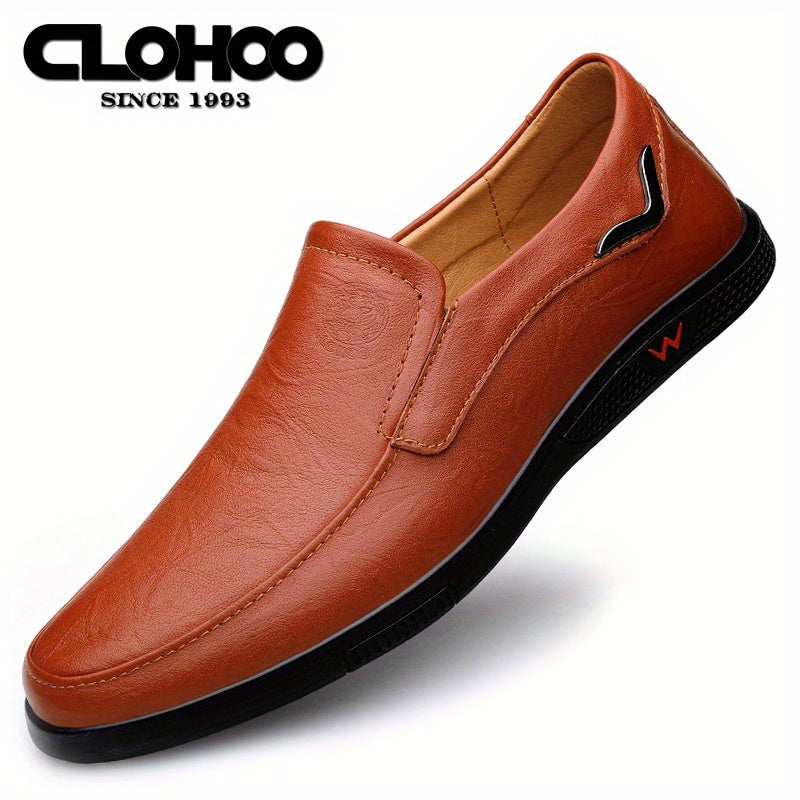 CLOHOO Men's Slip-On/Slip-Resistant Genuine Leather-like (Split Cowhide) Shoes - All-Season Casual &amp; Dressy -like Sneakers with PU, Non-Skid Rubber Sole, Black/Brown for Business, Vacation, Casual Attire (No Laces)