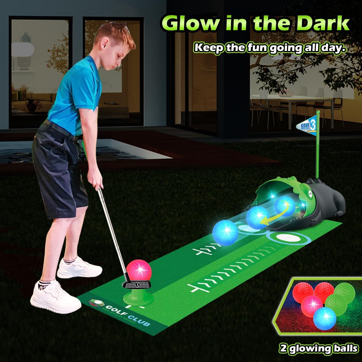 VATOS Kids Toy Golf Club Set with Automatic Ball Returner, Led Light Up Night Golf Balls, Golf Putting Mat, Mini Golf Games, Indoor Outdoor Sport Toys Gifts for Boys Girls Aged 3+, Birthday Gifts, Christmas Gifts, New Year Gi