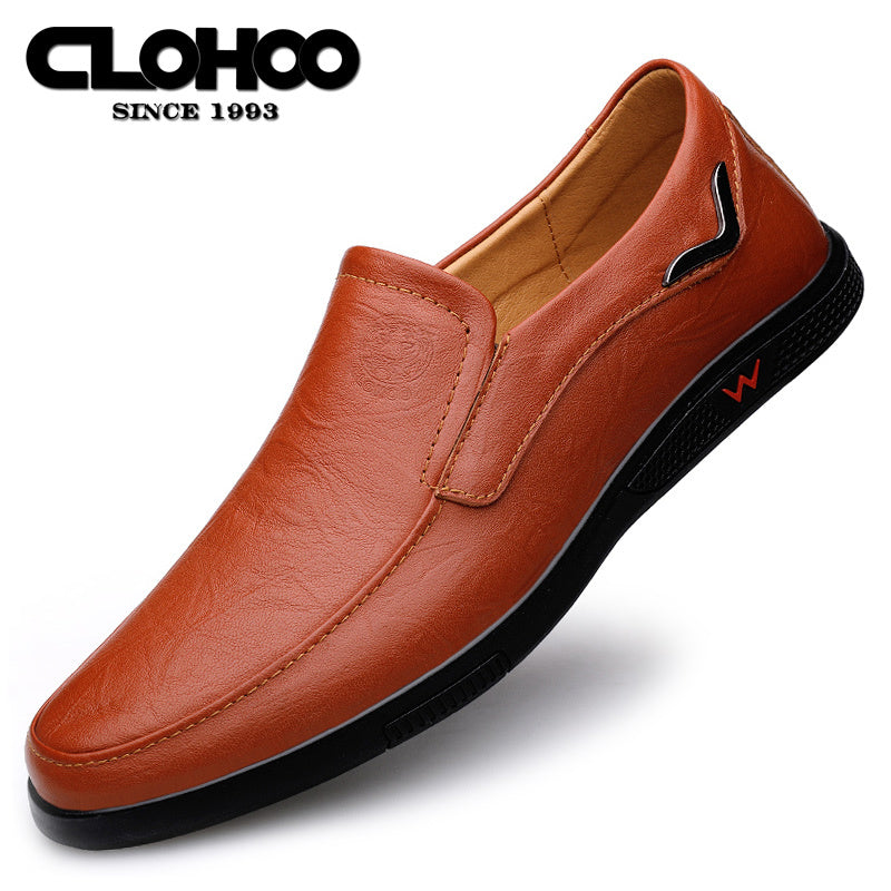 CLOHOO Men's Slip-On/Slip-Resistant Genuine Leather-like (Split Cowhide) Shoes - All-Season Casual &amp; Dressy -like Sneakers with PU, Non-Skid Rubber Sole, Black/Brown for Business, Vacation, Casual Attire (No Laces)