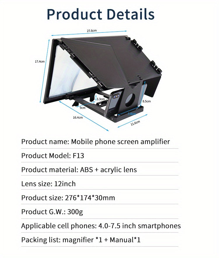 Triple-Sided Cinema Experience - 12-inch Foldable Phone Screen Magnifier with Optical Acrylic Lens - Instant HD Boost, Portable Mini Theater for TV-Like Viewing, 3-4x Magnification Desktop Stand