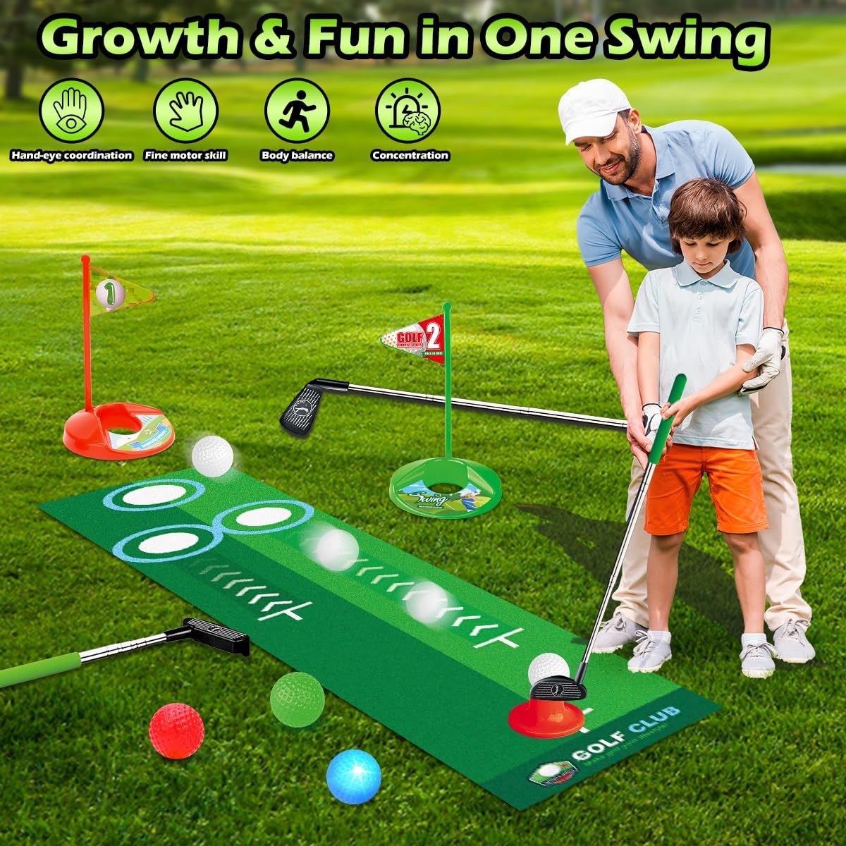 VATOS Kids Toy Golf Club Set with Automatic Ball Returner, Led Light Up Night Golf Balls, Golf Putting Mat, Mini Golf Games, Indoor Outdoor Sport Toys Gifts for Boys Girls Aged 3+, Birthday Gifts, Christmas Gifts, New Year Gi