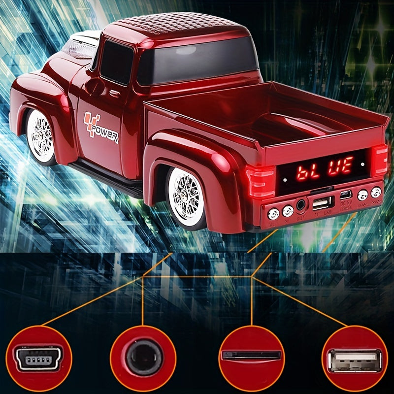 WSTER Vintage Pickup Truck Car Speaker - Portable Wireless 2.0 Channel Surround Sound with Dual Speakers, USB/TF Card/FM Radio, Sliding Wheels & Built-in Subwoofer for Outdoor Music, Tabletop Use, Car Stereo, Playful Design,