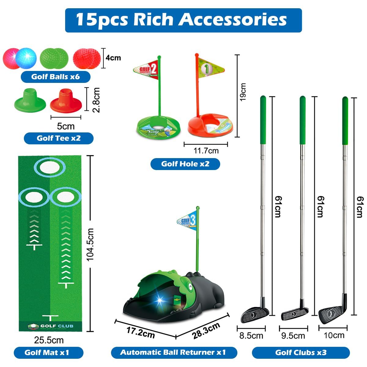 VATOS Kids Toy Golf Club Set with Automatic Ball Returner, Led Light Up Night Golf Balls, Golf Putting Mat, Mini Golf Games, Indoor Outdoor Sport Toys Gifts for Boys Girls Aged 3+, Birthday Gifts, Christmas Gifts, New Year Gi