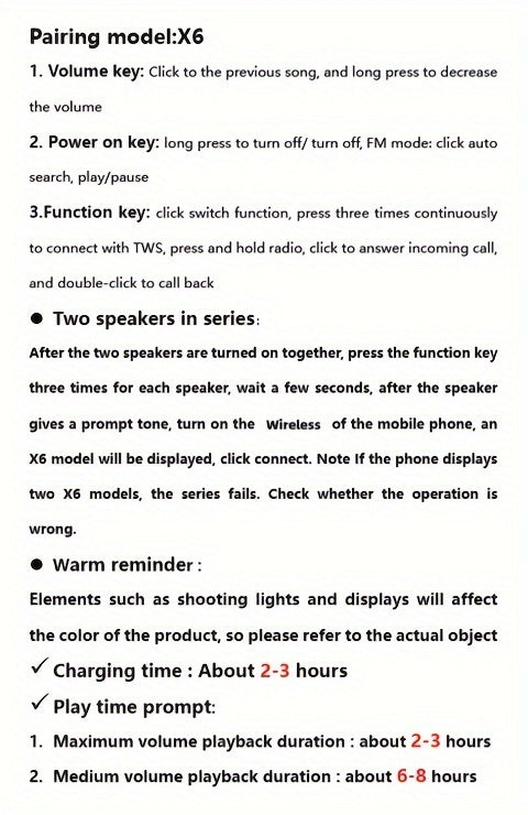 TWS X6 Wireless Speaker: Portable Outdoor Amplifier with Intelligent Noise Reduction, FM Radio, TF U Disk & More - Perfect Gift for Men & Women!
