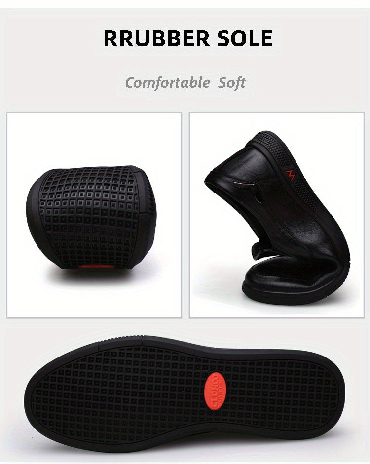 CLOHOO Men's Slip-On/Slip-Resistant Genuine Leather-like (Split Cowhide) Shoes - All-Season Casual &amp; Dressy -like Sneakers with PU, Non-Skid Rubber Sole, Black/Brown for Business, Vacation, Casual Attire (No Laces)