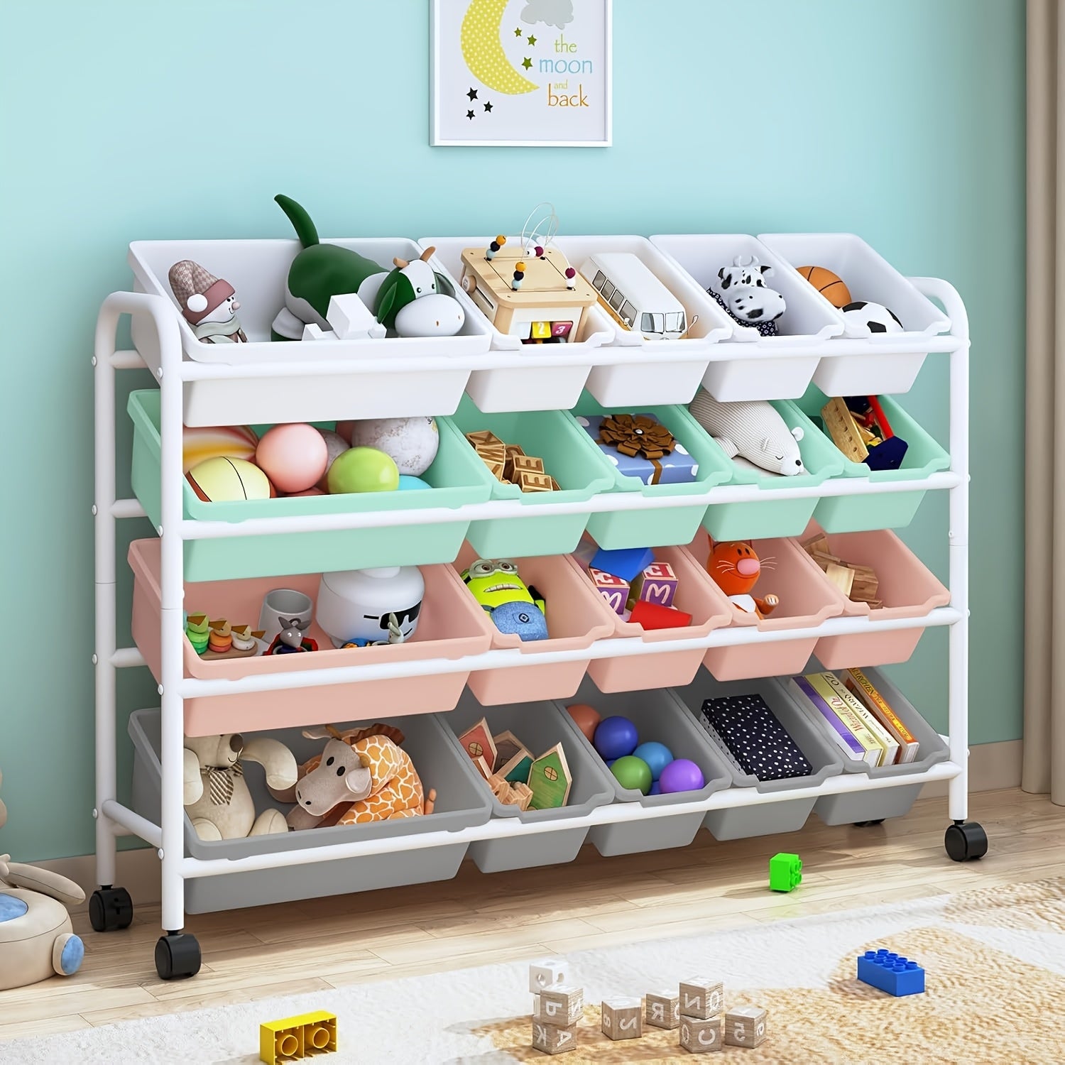 Kids Toy Storage Organizer With 20 Plastic Bins, Extra Large Toy Organizer And Storage Bins, 4-Tier Metal Toy Storage Rack For Kids Room, Playroom And Nursery