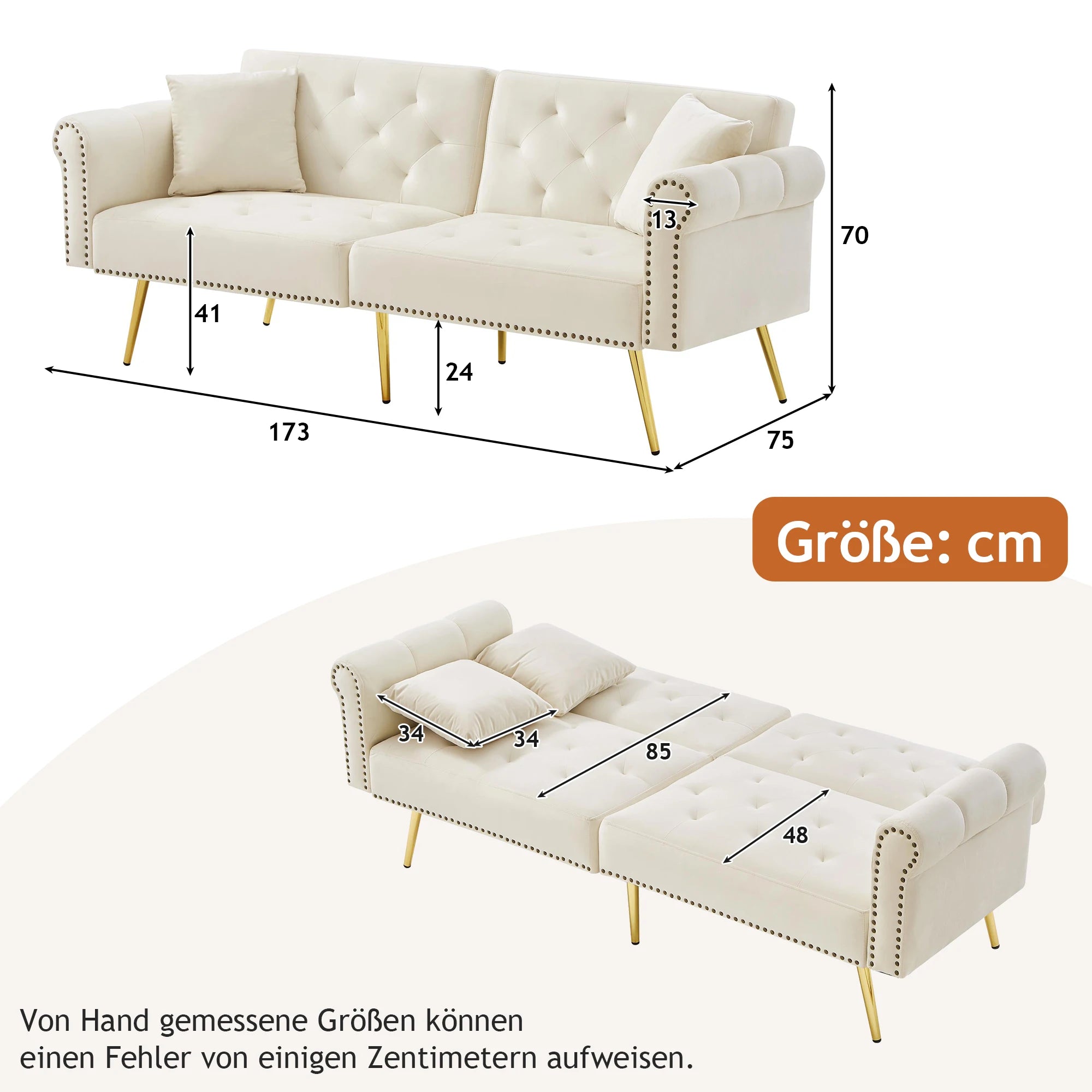 Modernes 2-Sitzer-Schlafsofa MIT Samtbezug, 3-stufiger Rückenlehne, vergoldeten Metallfüßen et Schlaffunktion