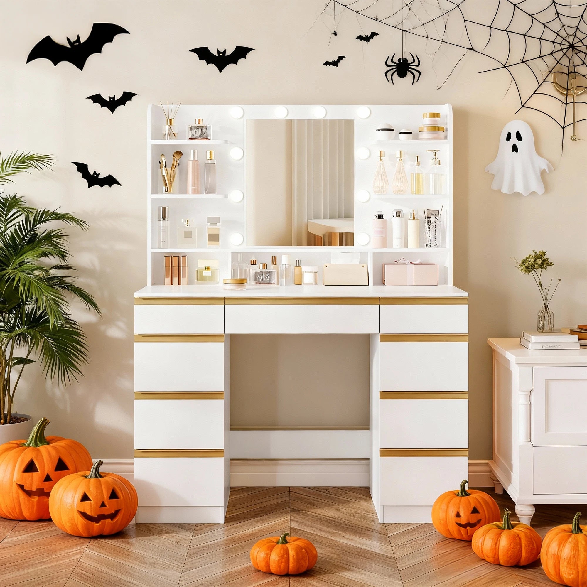 Hzuaneri Coiffeuse avec 10 boules lumineuses LED, luminosité réglable, grand miroir HD, 1 grand tiroir et 8 petits armoires à tiroirs