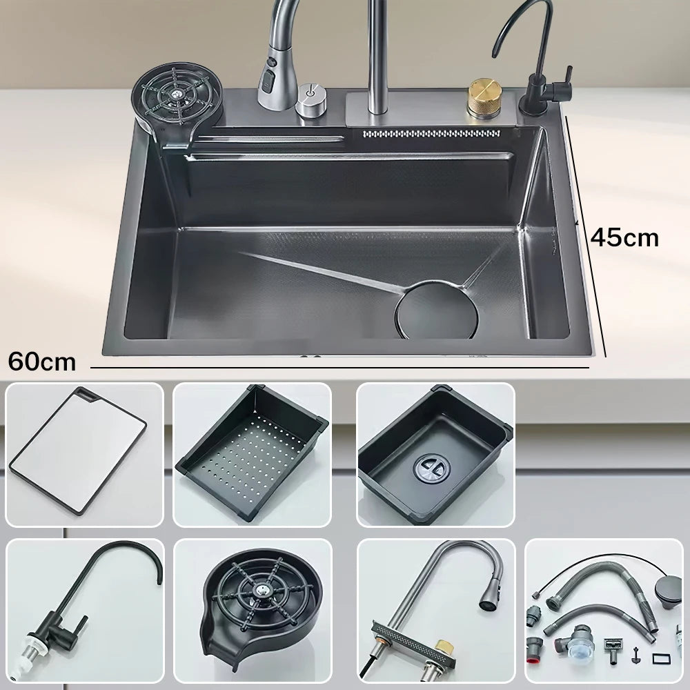 304 Stainless Steel Waterfall Kitchen Sink Large Single Slot Integrated Digital Display Faucet Set Soap Dispenser Cup Washer