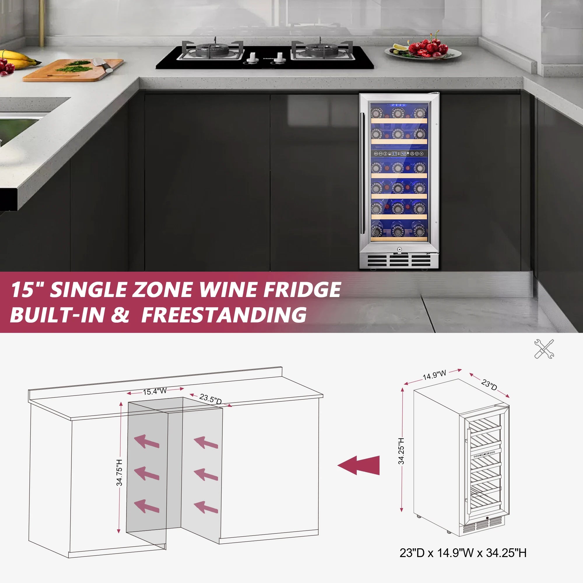 SIMZLIFE 15 Inch Wine Fridge Dual Zone Wine Cooler with Digital Temperature Control with Double Layer Glass Door 33 Bottles