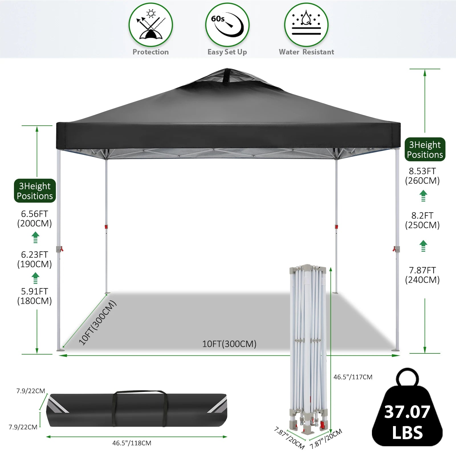 3x3m Gazebo Pop Up Canopy Tent Waterproof Foldable Gazebo Height Adjustable Party Tent For Beach Garden PartyCamping No Sidewall