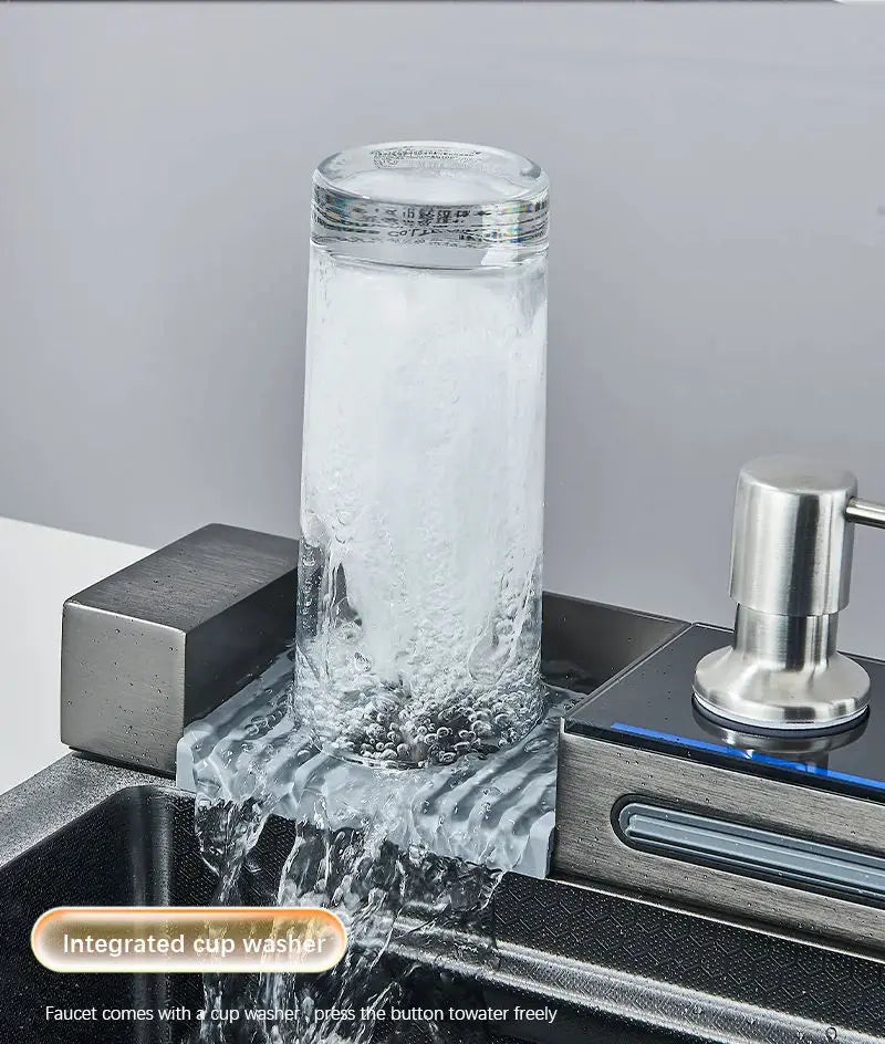 304 Stainless Steel Waterfall Kitchen Sink Large Single Slot Integrated Digital Display Faucet Set Soap Dispenser Cup Washer