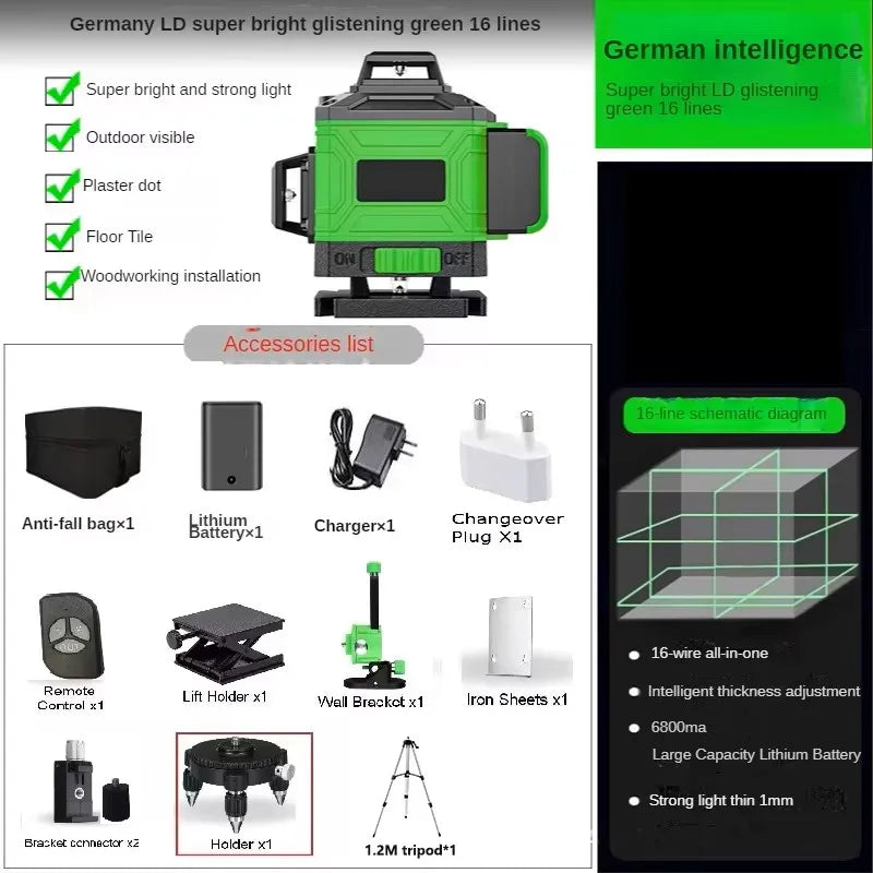 16/12 Lines 4D Laser Level green line SelfLeveling 360 Horizontal And Vertical Super Powerful Laser level green Beam laser level