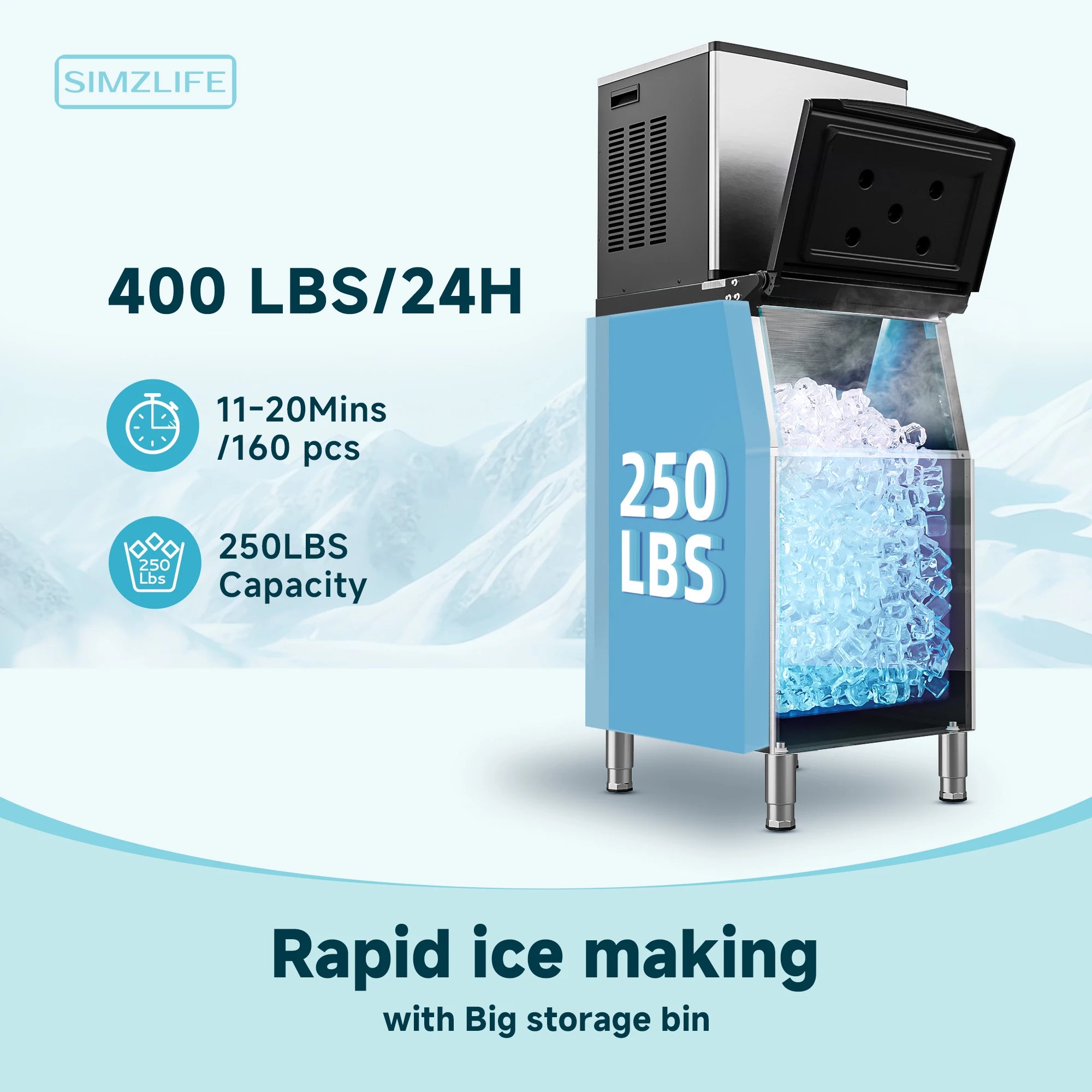 Commercial Ice Maker Machine 400Lbs/24H SECOP Compressor Ice Machine 250Lbs Ice Storage Stainless Steel Ice Maker for Bar Cafe