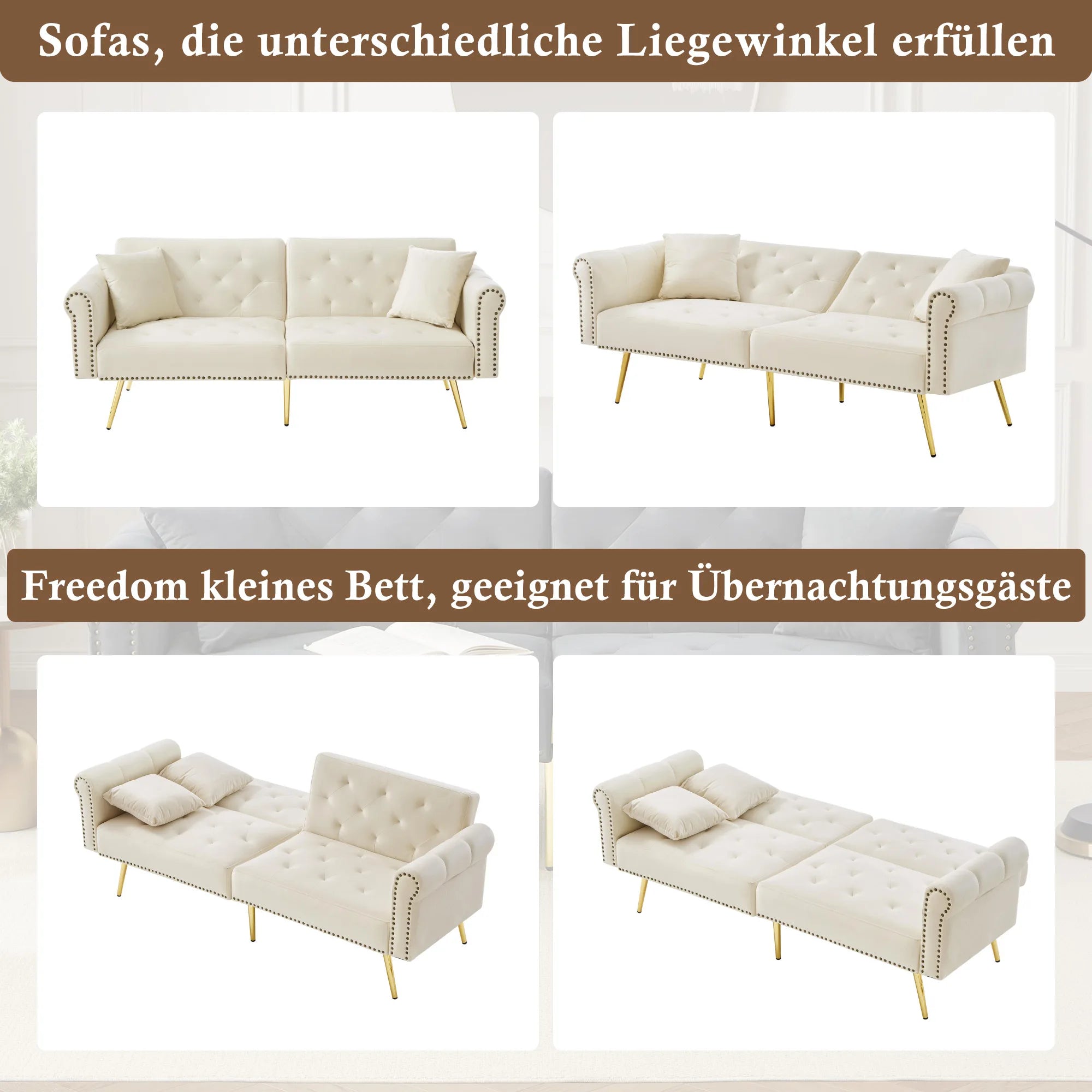 Modernes 2-Sitzer-Schlafsofa MIT Samtbezug, 3-stufiger Rückenlehne, vergoldeten Metallfüßen et Schlaffunktion