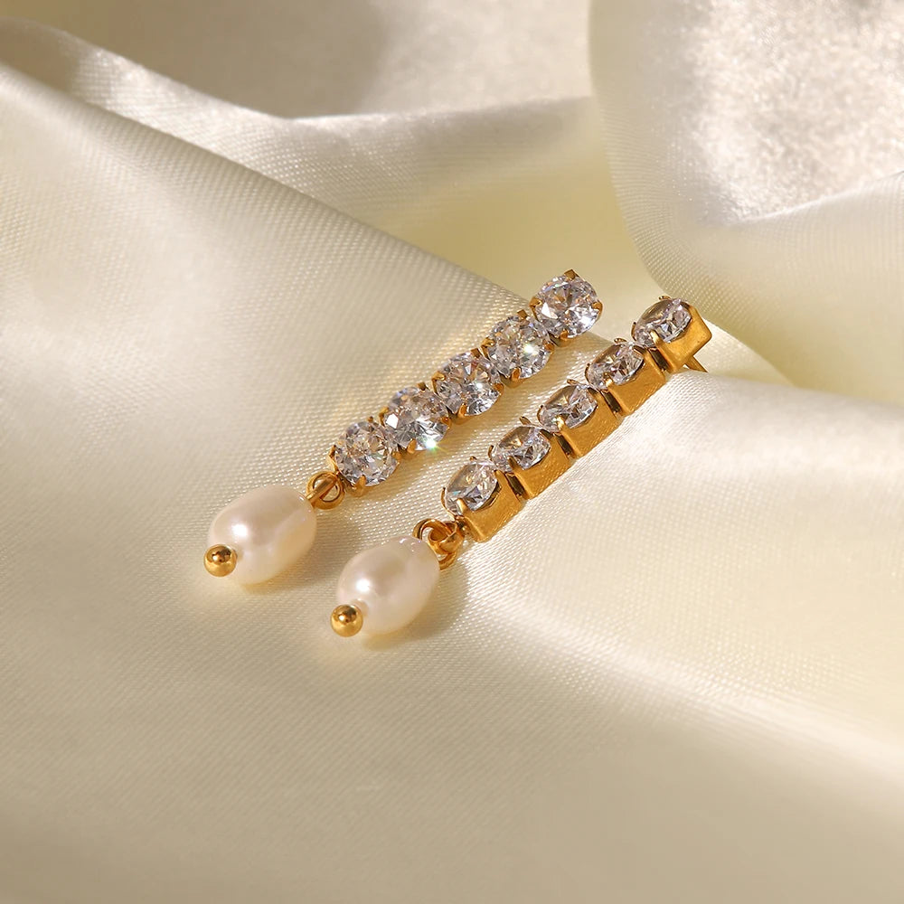 Uworld Delicate Shiny Zircon Freshwater Pearl 18K PVD Gold Plated Stainless Steel Pendant Earrings Trendy Jewelry for Women