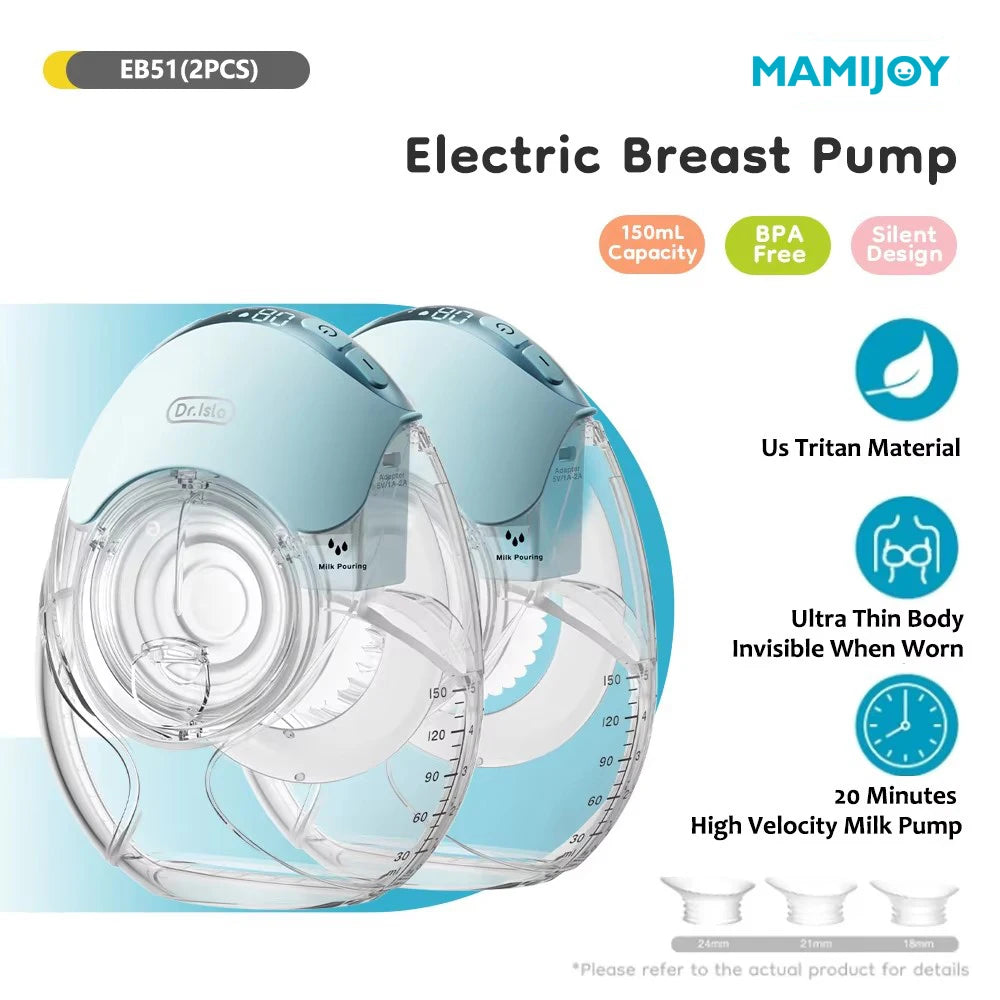 MAMIJOY 2PCS Ultra-thin Wearable Electric Breast Pump Ultra-light Low Noise 3Modes 12 Suction Levels With 18/21/24mm Flange EB51