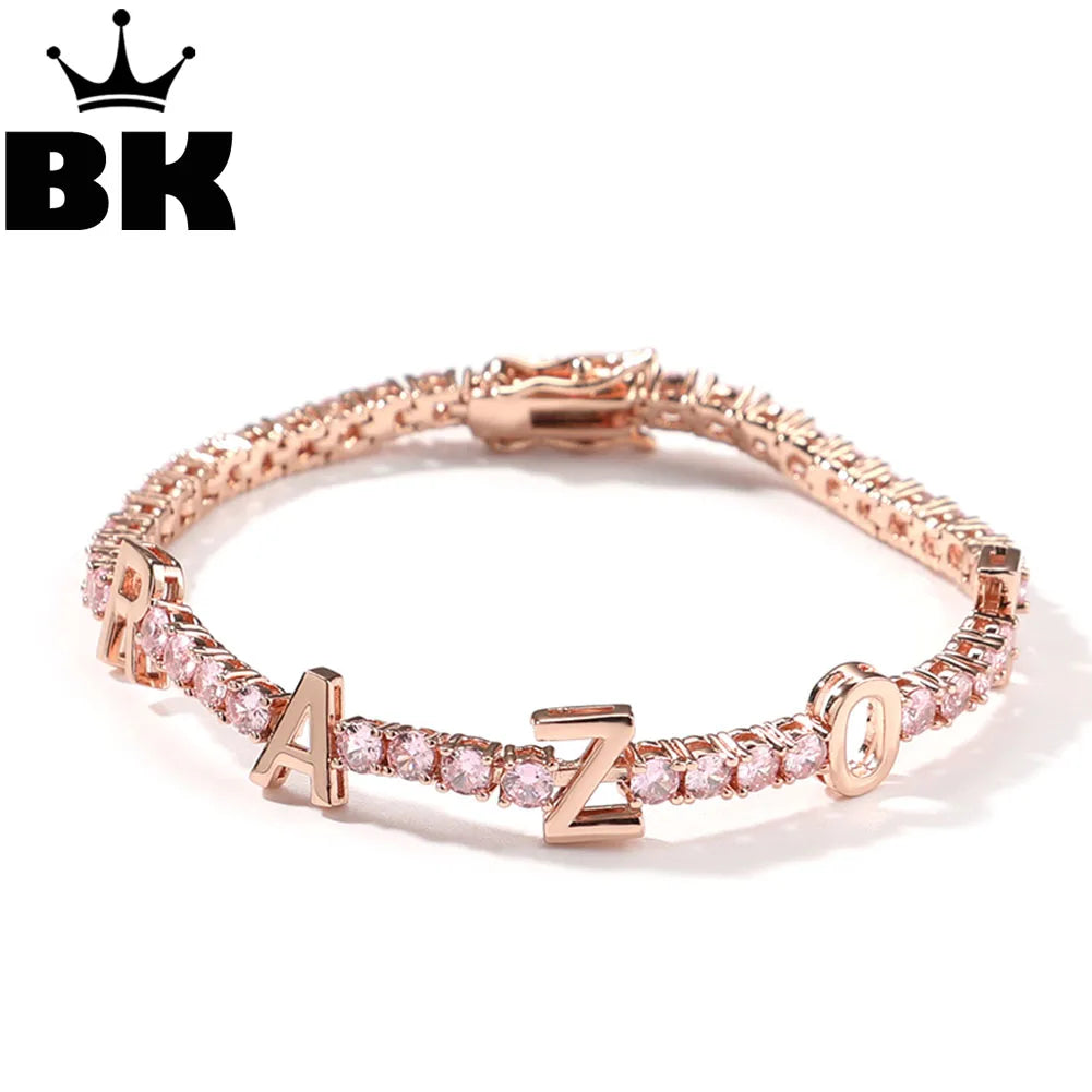 THE BLING KING Custom Name Bracelet For Women CZ 3mm Tennis Chain Iced Out Cubic Zircon 18K Gold Plated DIY Letters Jewelry Gift