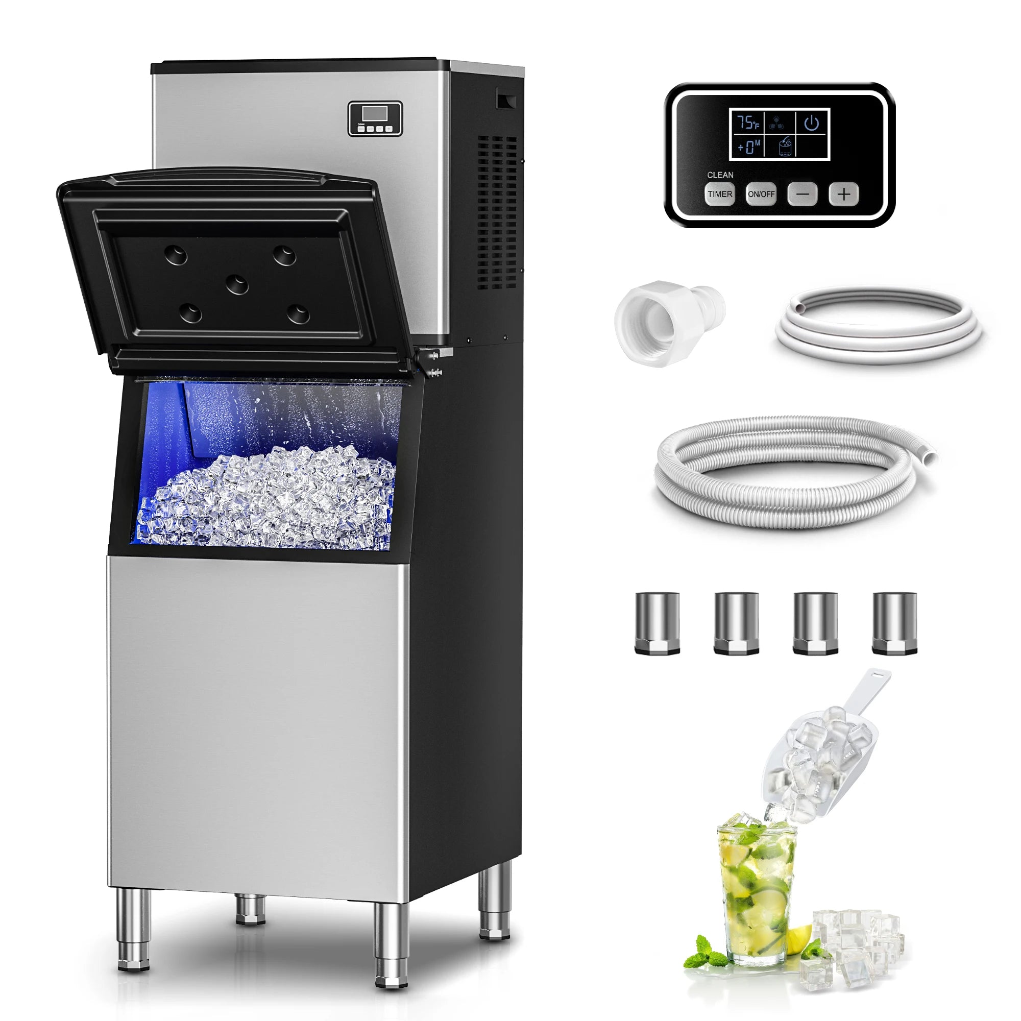 Commercial Ice Maker Machine 400Lbs/24H SECOP Compressor Ice Machine 250Lbs Ice Storage Stainless Steel Ice Maker for Bar Cafe