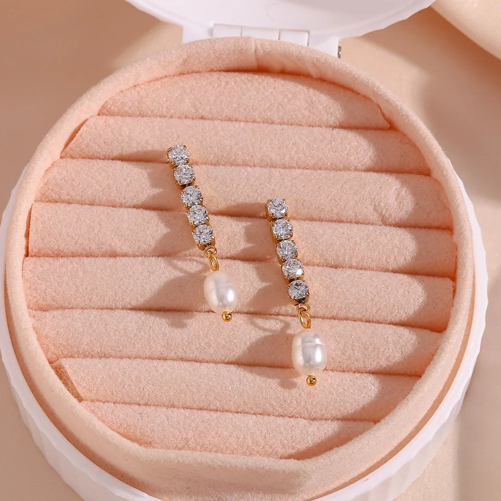 Uworld Delicate Shiny Zircon Freshwater Pearl 18K PVD Gold Plated Stainless Steel Pendant Earrings Trendy Jewelry for Women