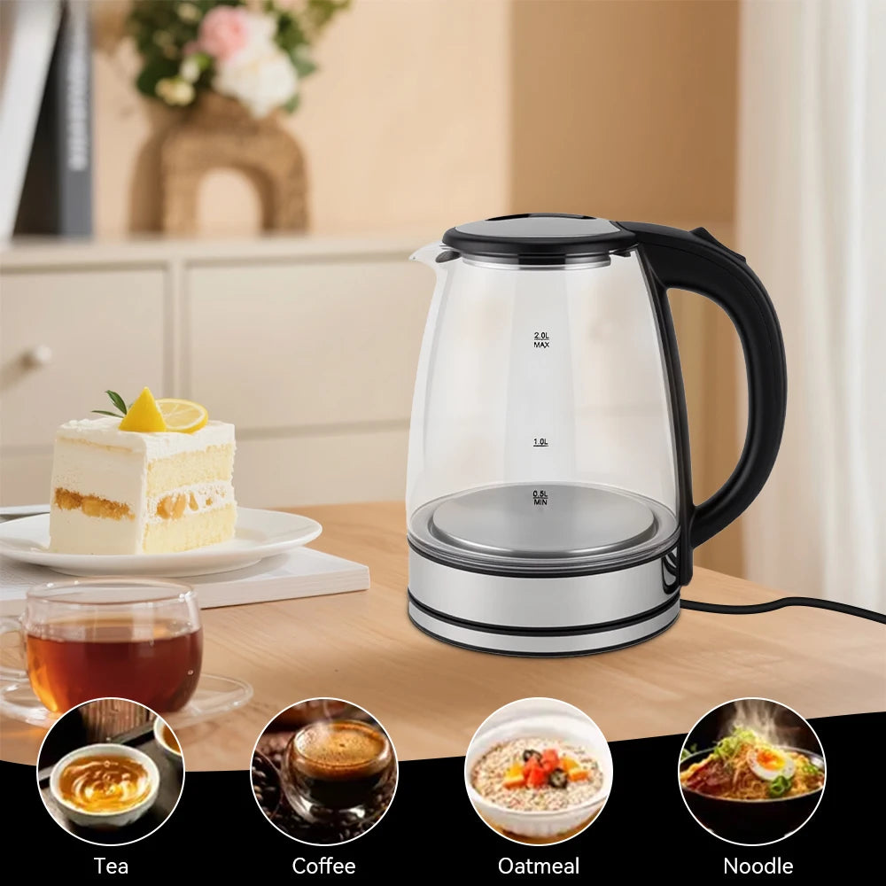 2L Electric Kettle Glass Fast Boil Blue LED household appliance With Stainless Steel Fast Boiling Portable Jug Auto Shut-off