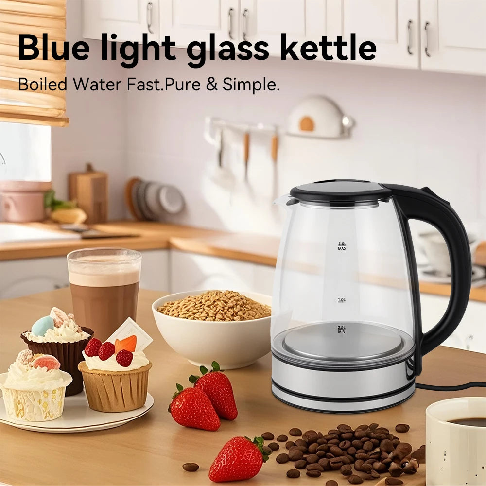 2L Electric Kettle Glass Fast Boil Blue LED household appliance With Stainless Steel Fast Boiling Portable Jug Auto Shut-off