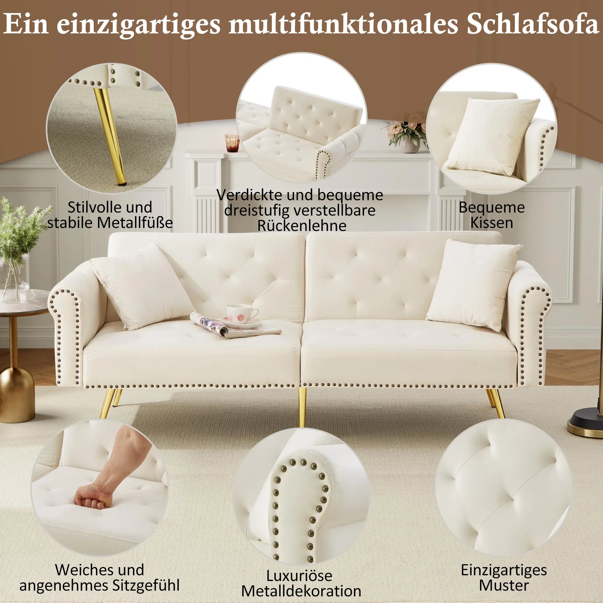 Modernes 2-Sitzer-Schlafsofa MIT Samtbezug, 3-stufiger Rückenlehne, vergoldeten Metallfüßen et Schlaffunktion