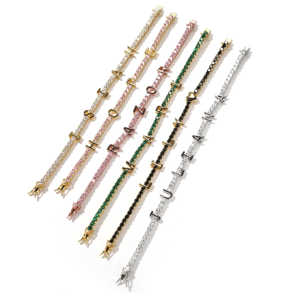 THE BLING KING Custom Name Bracelet For Women CZ 3mm Tennis Chain Iced Out Cubic Zircon 18K Gold Plated DIY Letters Jewelry Gift