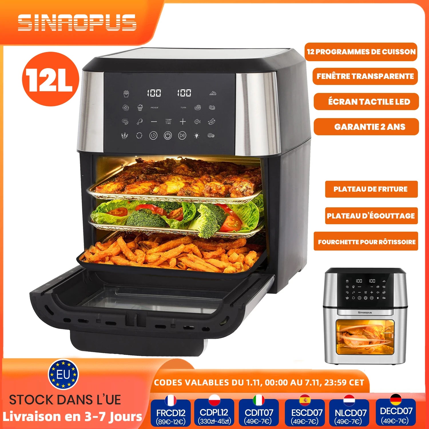 12L Air Fryer Kitchen Machine Oilless Cooker with LED Touch Control with Visible Window,Smart Hot Fryers Machine,Family Size,Top