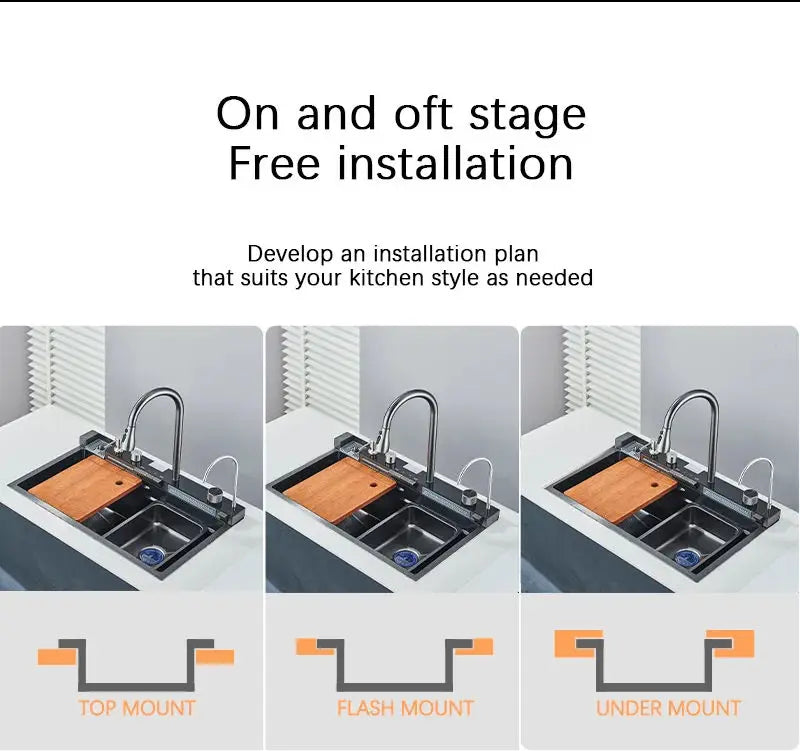 304 Stainless Steel Waterfall Kitchen Sink Large Single Slot Integrated Digital Display Faucet Set Soap Dispenser Cup Washer