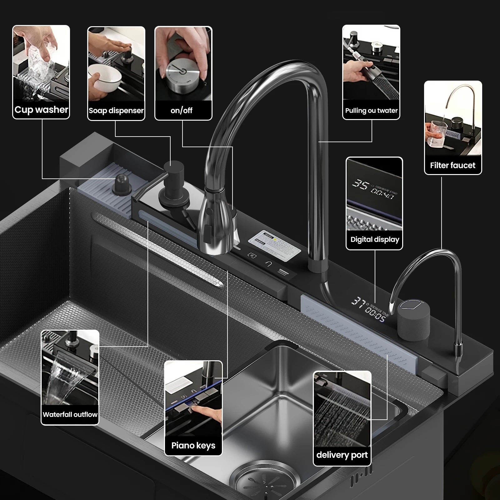 304 Stainless Steel Waterfall Kitchen Sink Large Single Slot Integrated Digital Display Faucet Set Soap Dispenser Cup Washer