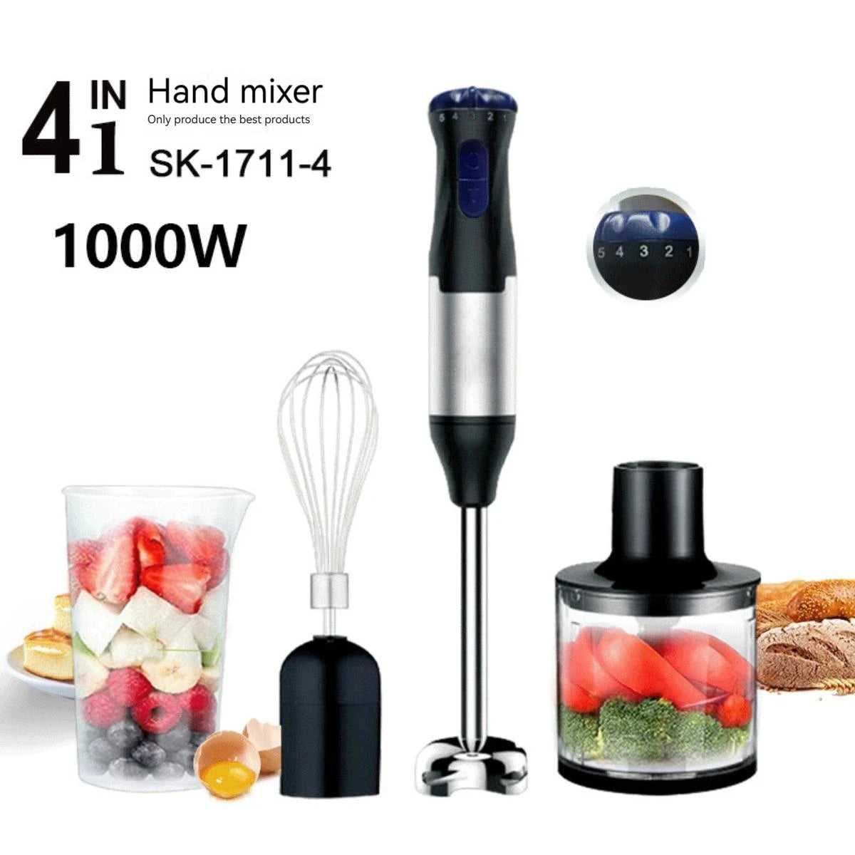 1000W Electric Stick Hand Blender 4 in 1 Handheld Mixer Stainless Steel Blade Vegetable Meat Immersion Egg Whisk Juicer Set