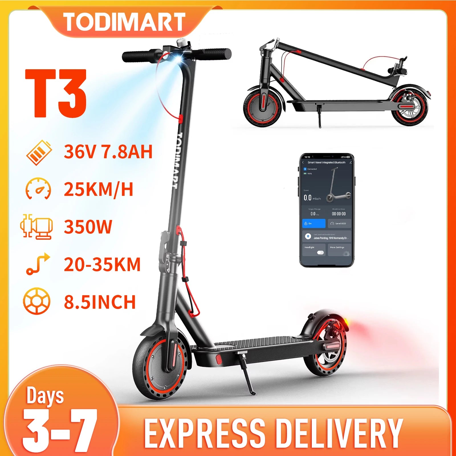Adult TODIMART T3 electric scoot 350W engine powerful 36V 7.8AH 20-30KM lightweight APP