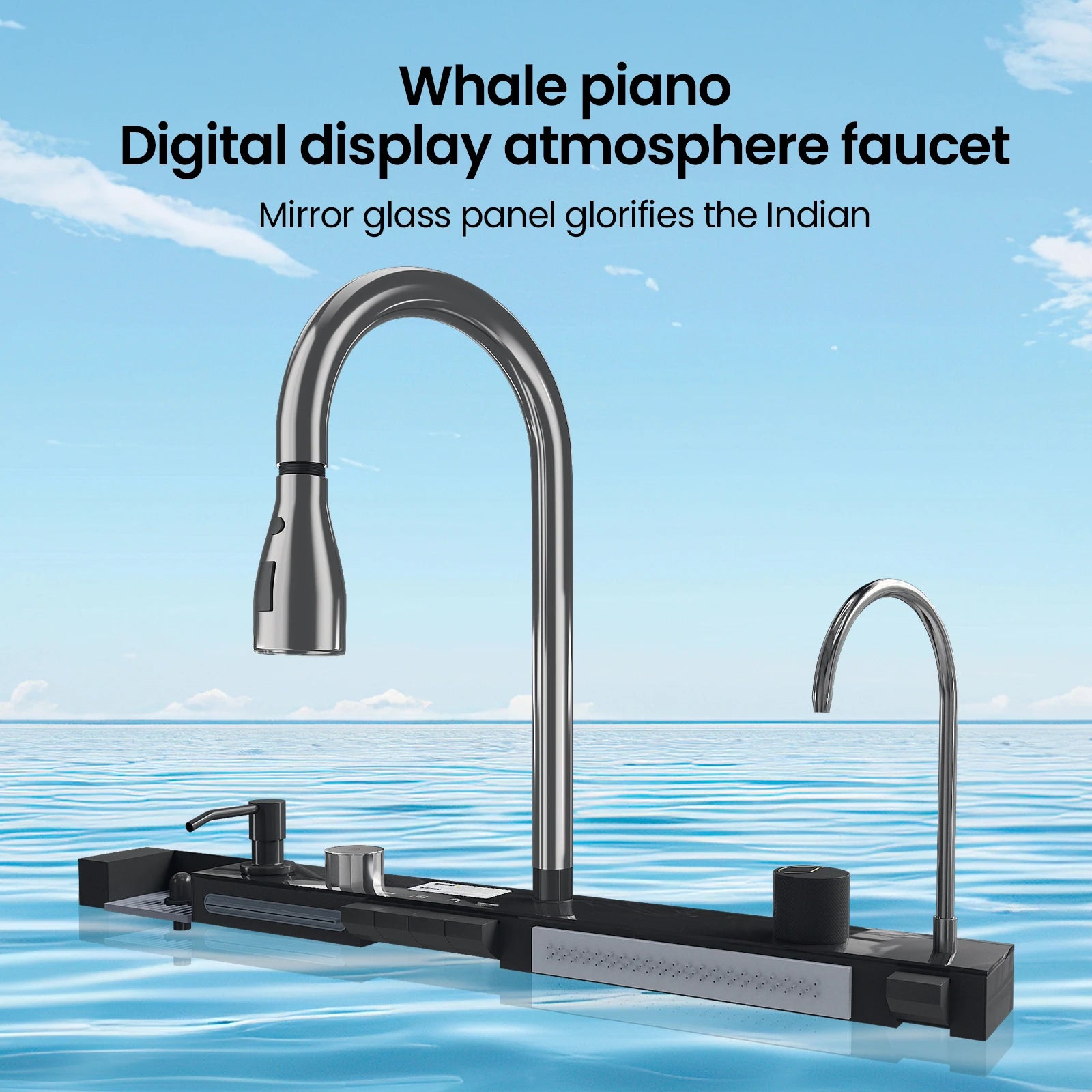 304 Stainless Steel Waterfall Kitchen Sink Large Single Slot Integrated Digital Display Faucet Set Soap Dispenser Cup Washer