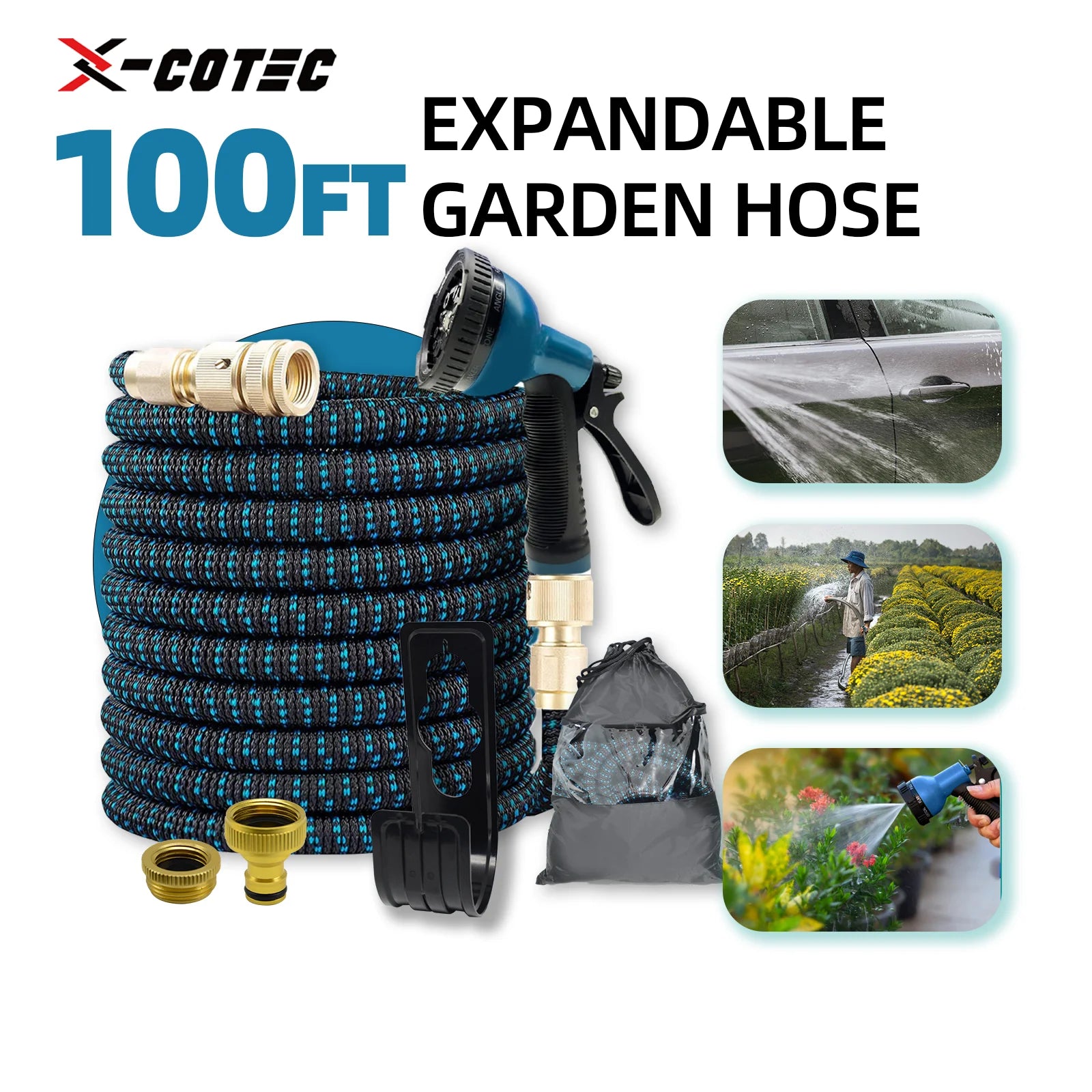 X-COTEC Extensible Garden Hose, Flexible Water Hose, 30m/100FT, Irrigation Tools, 10 Functional, for Garden