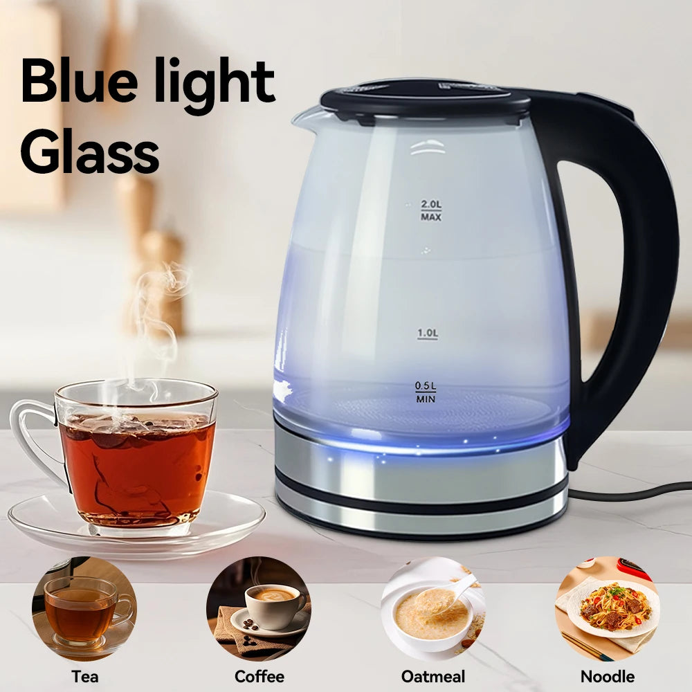 2L Electric Kettle Glass Fast Boil Blue LED household appliance With Stainless Steel Fast Boiling Portable Jug Auto Shut-off