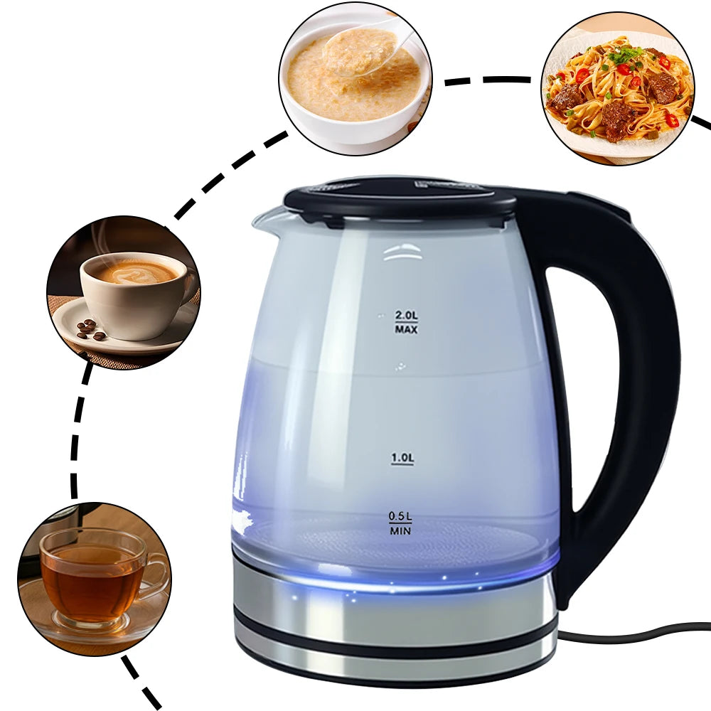 2L Electric Kettle Glass Fast Boil Blue LED household appliance With Stainless Steel Fast Boiling Portable Jug Auto Shut-off
