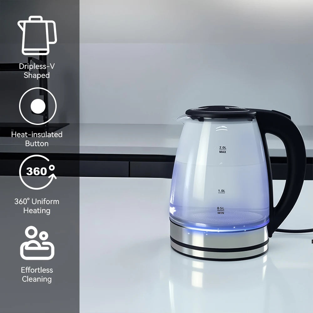 2L Electric Kettle Glass Fast Boil Blue LED household appliance With Stainless Steel Fast Boiling Portable Jug Auto Shut-off