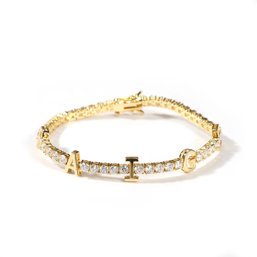 THE BLING KING Custom Name Bracelet For Women CZ 3mm Tennis Chain Iced Out Cubic Zircon 18K Gold Plated DIY Letters Jewelry Gift