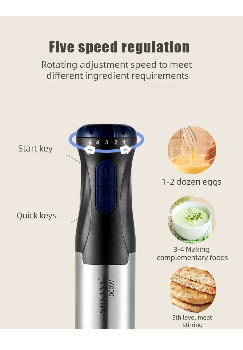1000W Electric Stick Hand Blender 4 in 1 Handheld Mixer Stainless Steel Blade Vegetable Meat Immersion Egg Whisk Juicer Set